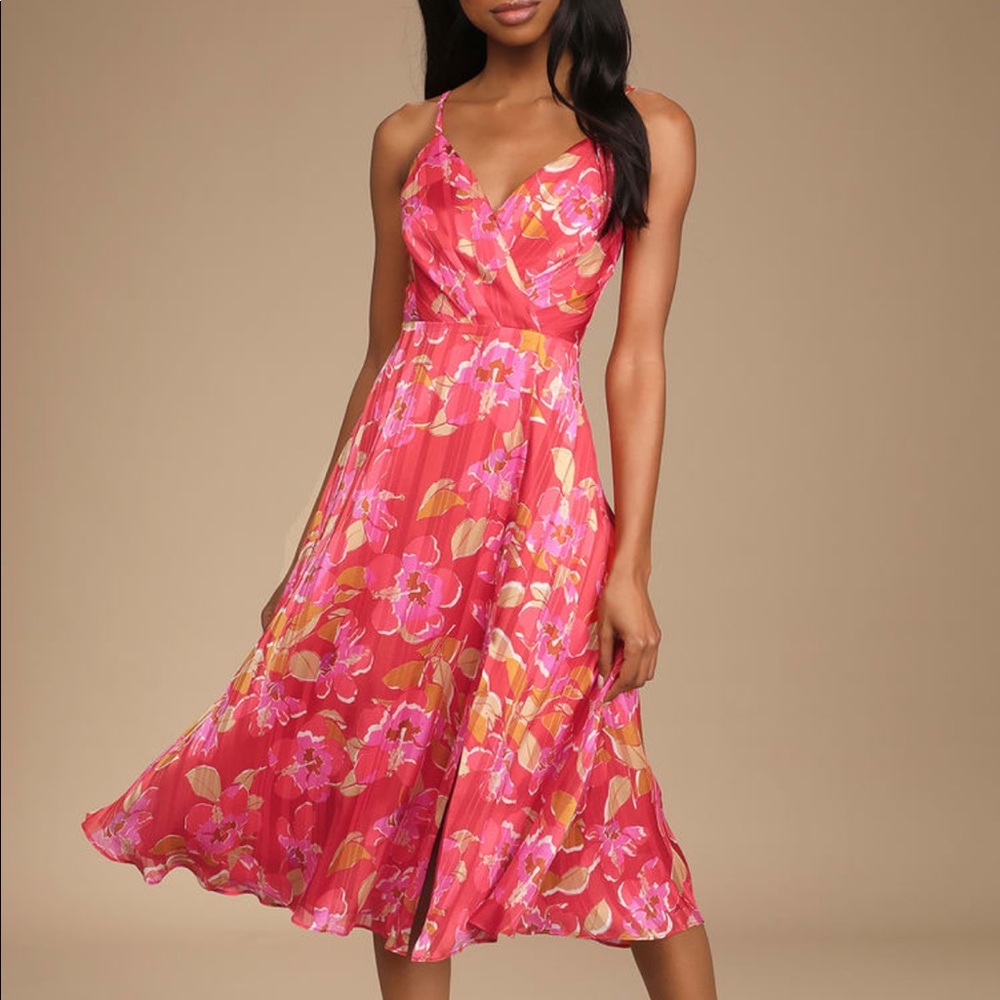 Lulu’s NWOT All About Love Red Floral Print Midi Dress - size L